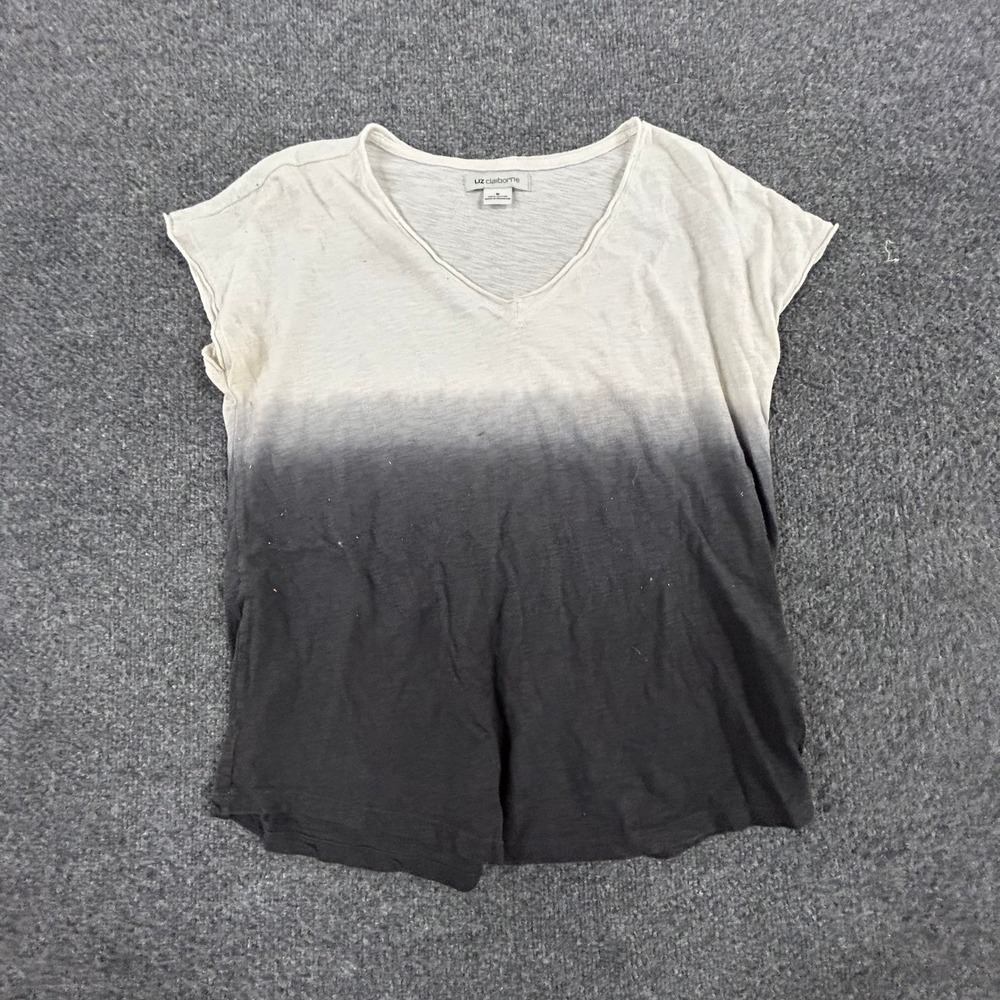 Liz Claiborne Shirt Womens  M Grey White Ombre Dip Dye V-Neck Slub Cotton Tee